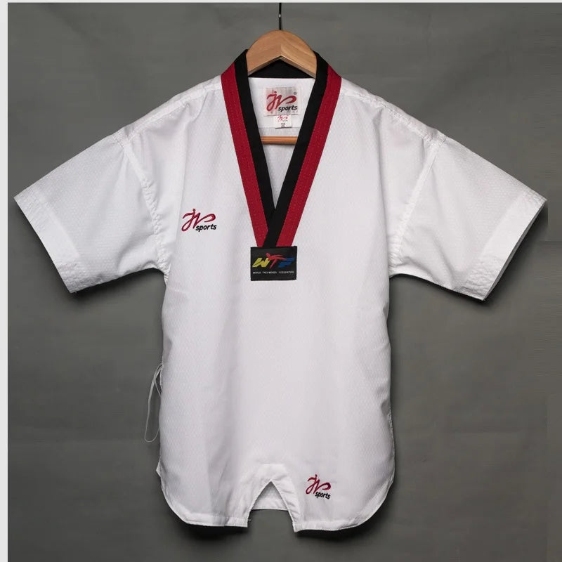 WTF White Taekwondo Black V Neck Uniform Mesh Fabric