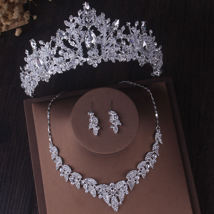 Silver Colour Crystal Bridal Jewlery Sets Crown Earrings Choker Necklace Set