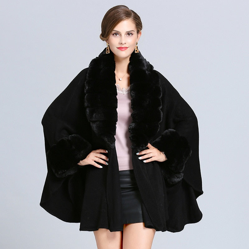 Faux Fur Collar Trim Cardigan Poncho Cape