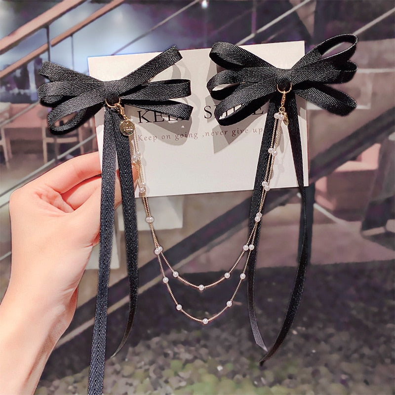 Women Ribbon Bow Pearls Hair clips