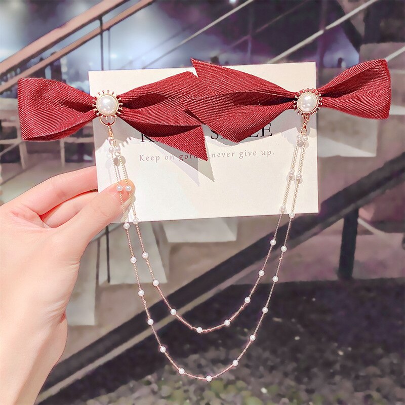 Women Ribbon Bow Pearls Hair clips