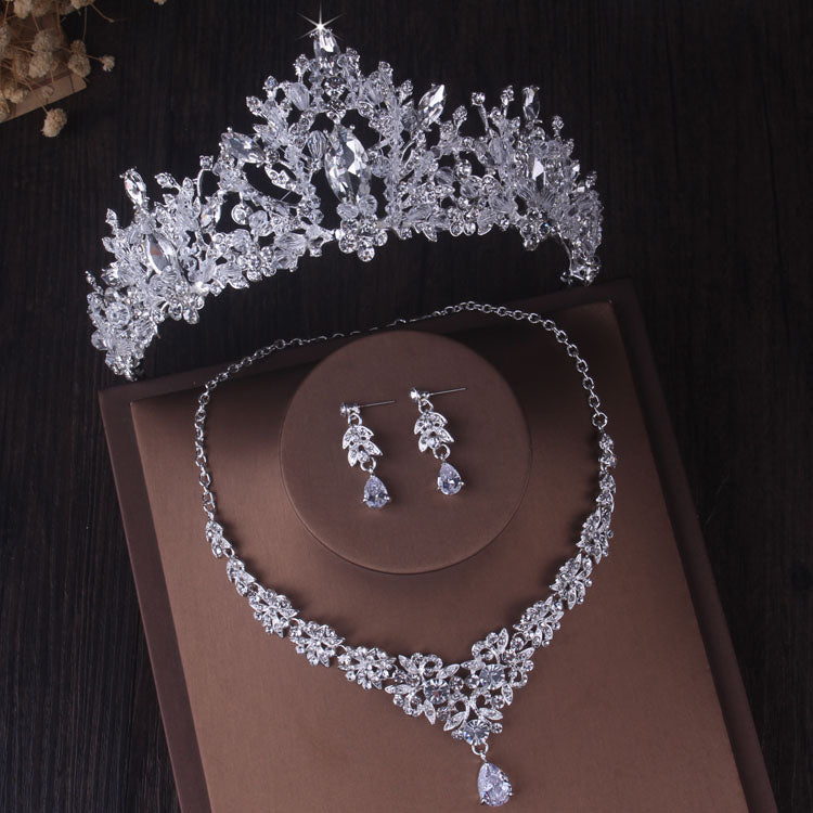 Silver Colour Crystal Bridal Jewlery Sets Crown Earrings Choker Necklace Set