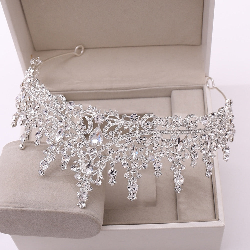 Silver Colour Crystal Bridal Jewlery Sets Crown Earrings Choker Necklace Set