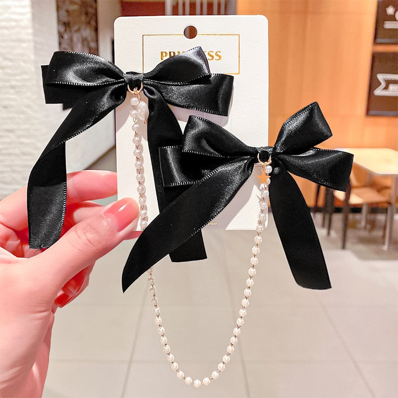 Women Ribbon Bow Pearls Hair clips