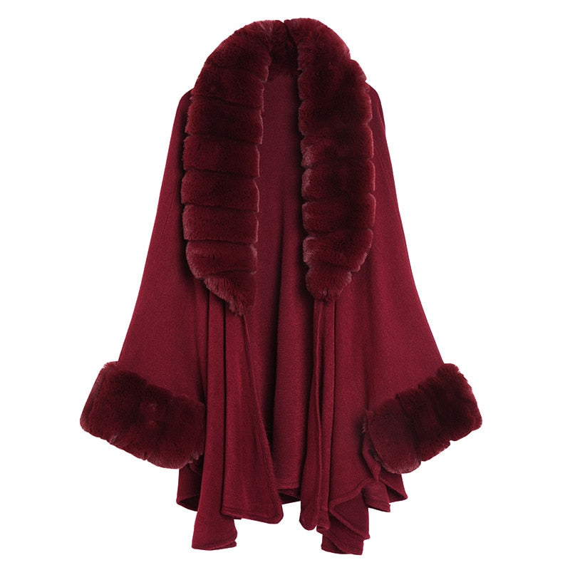 Faux Fur Collar Trim Cardigan Poncho Cape