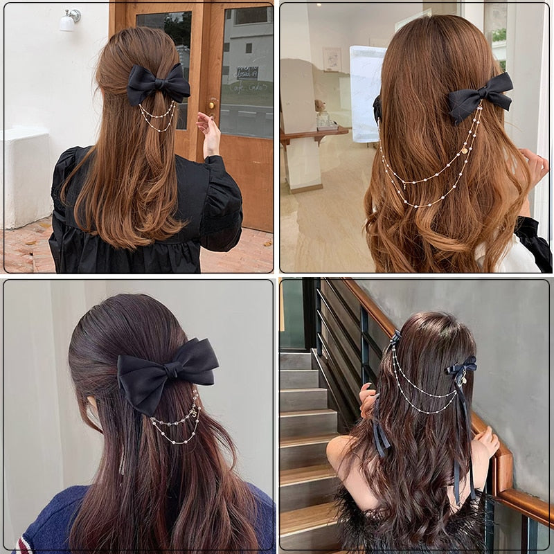 Women Ribbon Bow Pearls Hair clips