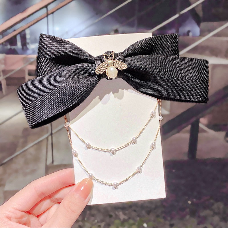 Women Ribbon Bow Pearls Hair clips