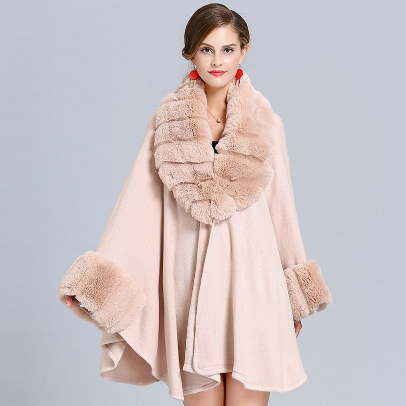 Faux Fur Collar Trim Cardigan Poncho Cape