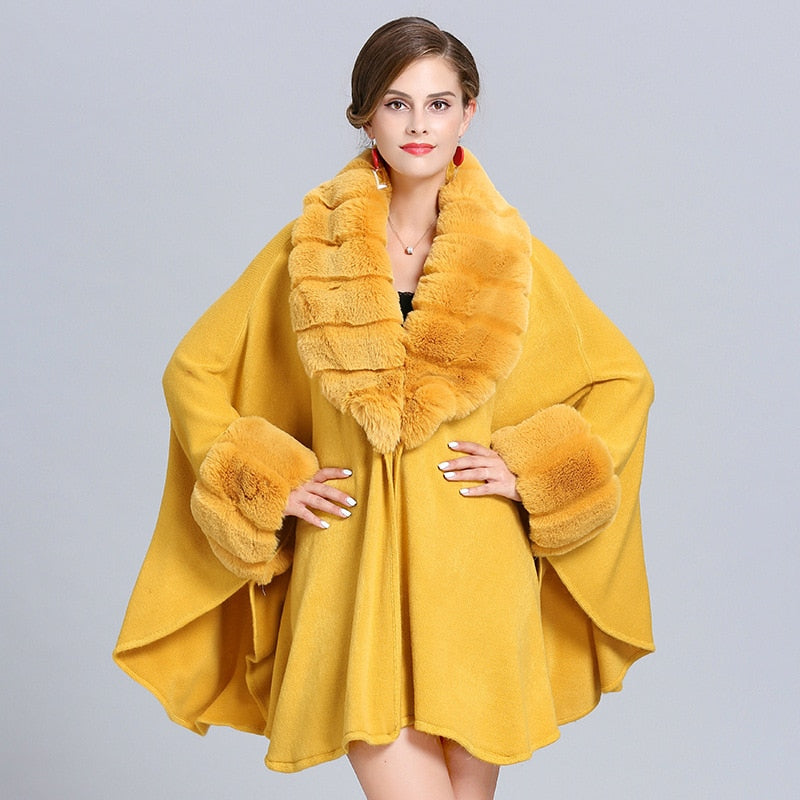 Faux Fur Collar Trim Cardigan Poncho Cape