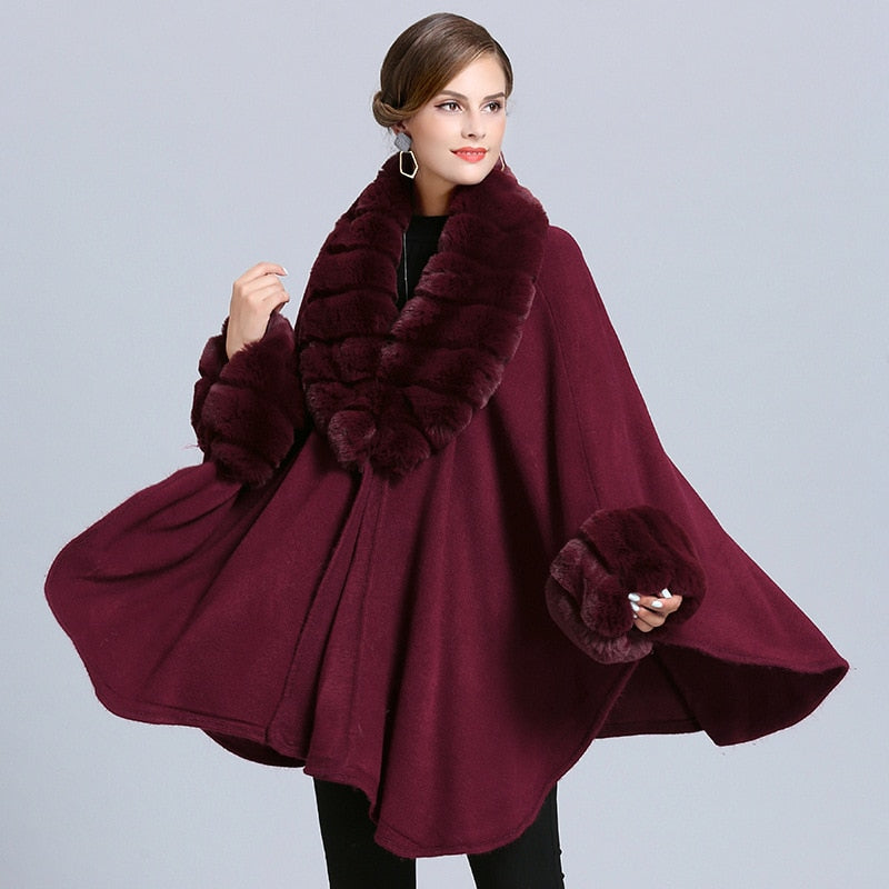 Faux Fur Collar Trim Cardigan Poncho Cape