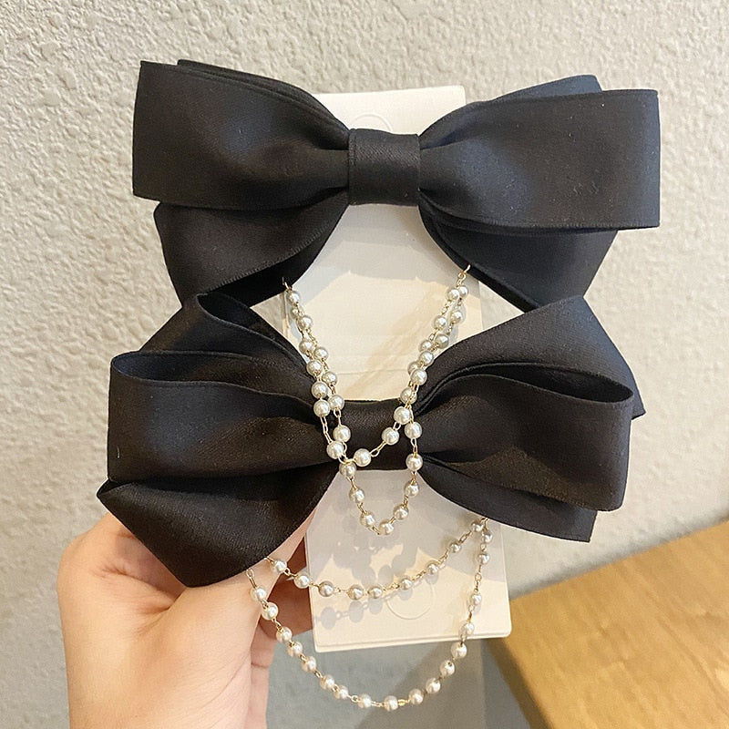 Women Ribbon Bow Pearls Hair clips