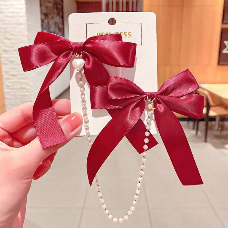 Women Ribbon Bow Pearls Hair clips