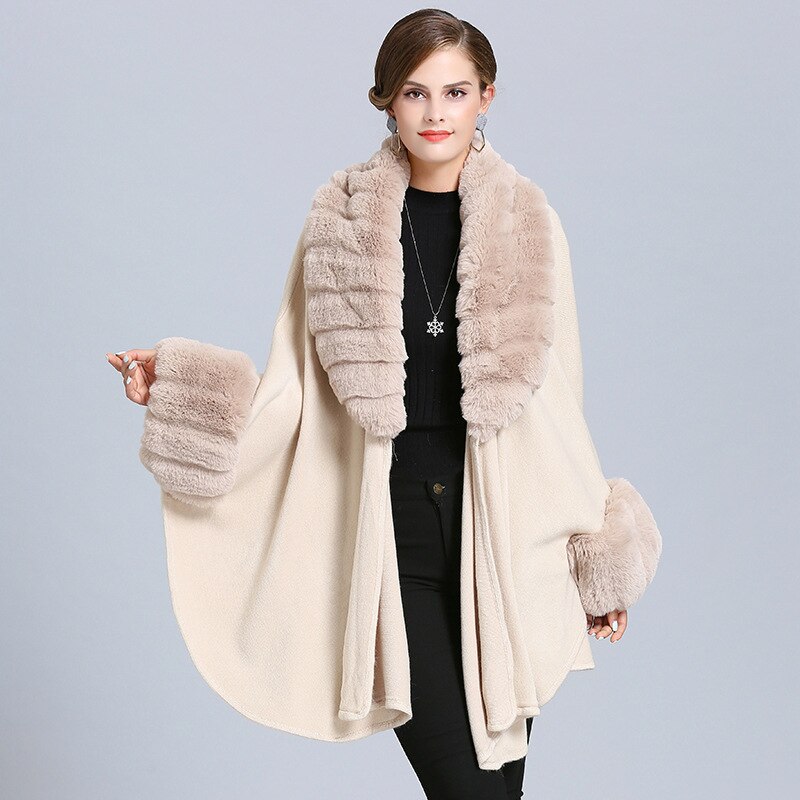 Faux Fur Collar Trim Cardigan Poncho Cape