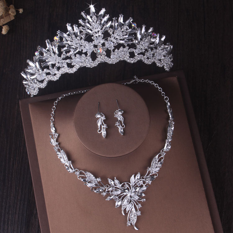 Silver Colour Crystal Bridal Jewlery Sets Crown Earrings Choker Necklace Set