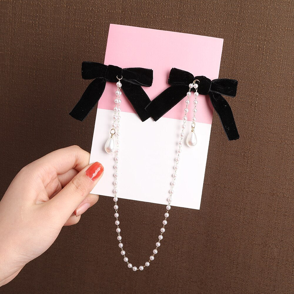 Women Ribbon Bow Pearls Hair clips