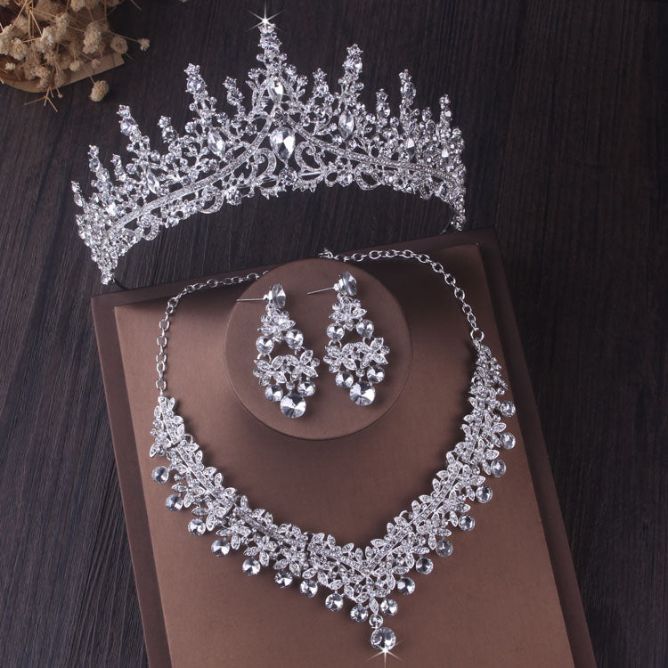 Silver Colour Crystal Bridal Jewlery Sets Crown Earrings Choker Necklace Set