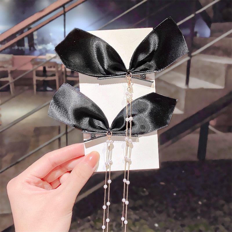 Women Ribbon Bow Pearls Hair clips