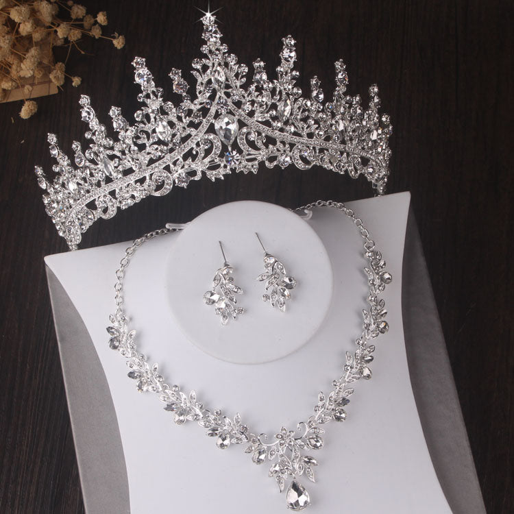 Silver Colour Crystal Bridal Jewlery Sets Crown Earrings Choker Necklace Set