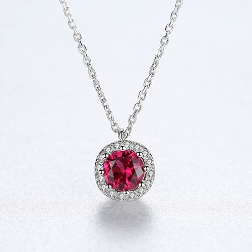 Round Ruby Gemstone Pendant Women Necklaces Sterling Silver