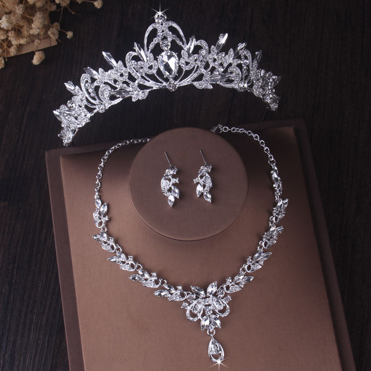 Silver Colour Crystal Bridal Jewlery Sets Crown Earrings Choker Necklace Set