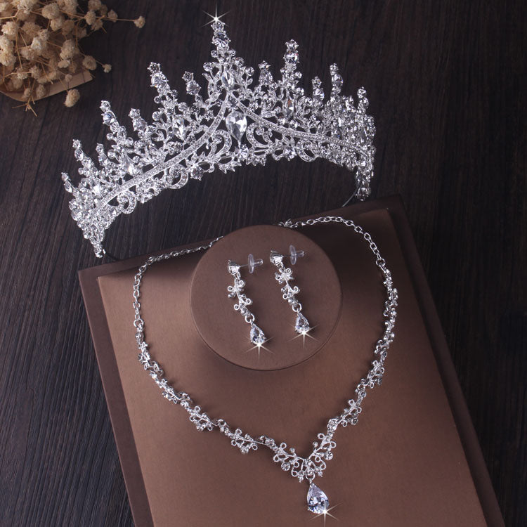 Silver Colour Crystal Bridal Jewlery Sets Crown Earrings Choker Necklace Set