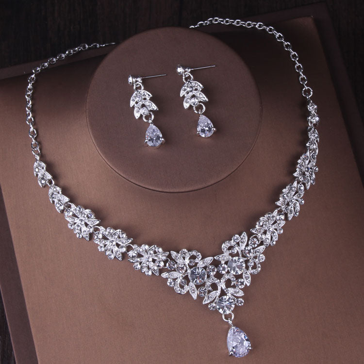 Silver Colour Crystal Bridal Jewlery Sets Crown Earrings Choker Necklace Set