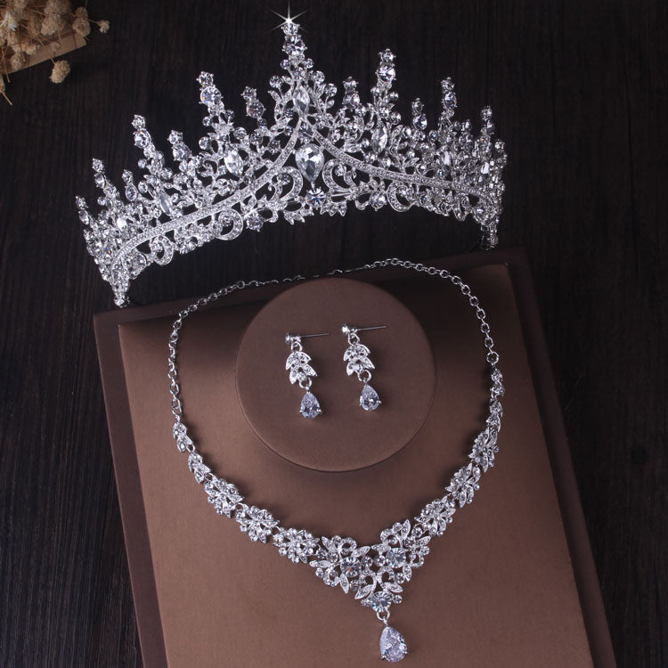 Silver Colour Crystal Bridal Jewlery Sets Crown Earrings Choker Necklace Set