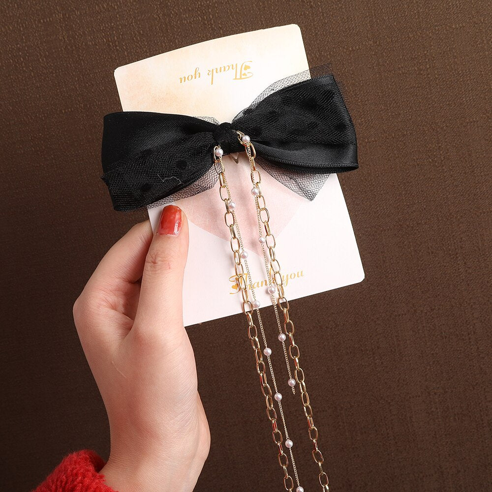 Women Ribbon Bow Pearls Hair clips