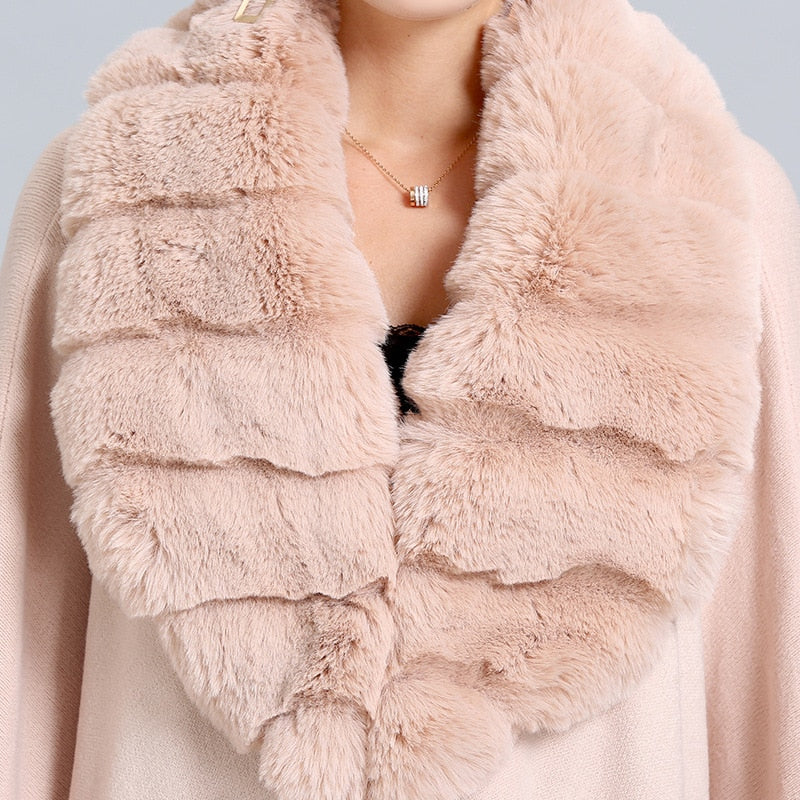 Faux Fur Collar Trim Cardigan Poncho Cape