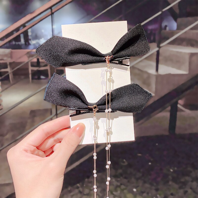 Women Ribbon Bow Pearls Hair clips