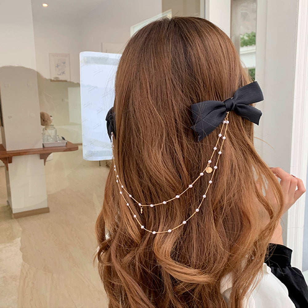 Women Ribbon Bow Pearls Hair clips