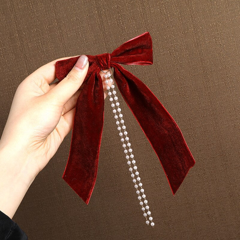 Women Ribbon Bow Pearls Hair clips