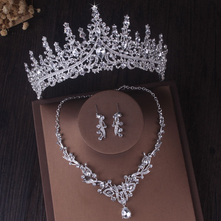 Silver Colour Crystal Bridal Jewlery Sets Crown Earrings Choker Necklace Set