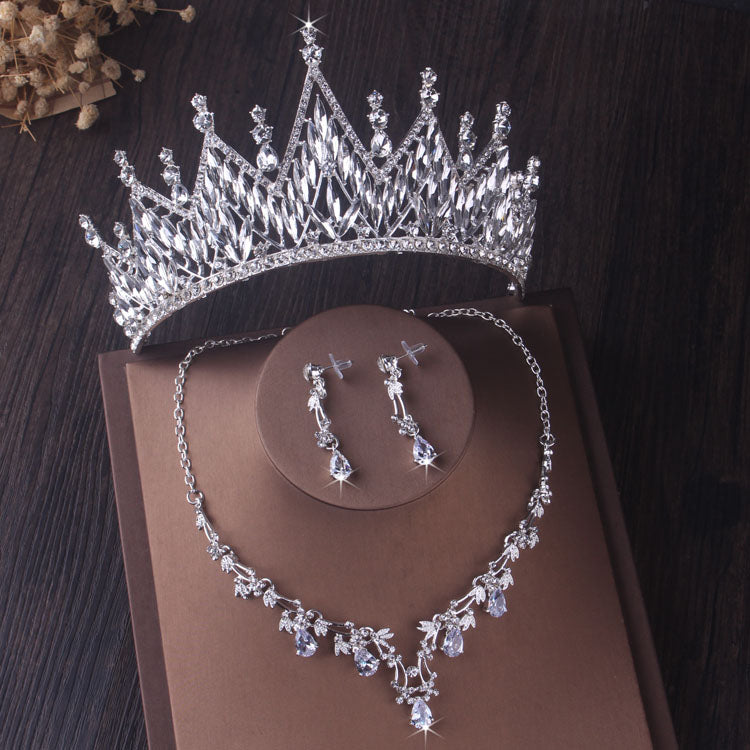 Silver Colour Crystal Bridal Jewlery Sets Crown Earrings Choker Necklace Set