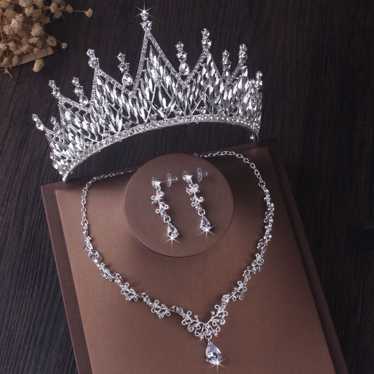 Silver Colour Crystal Bridal Jewlery Sets Crown Earrings Choker Necklace Set